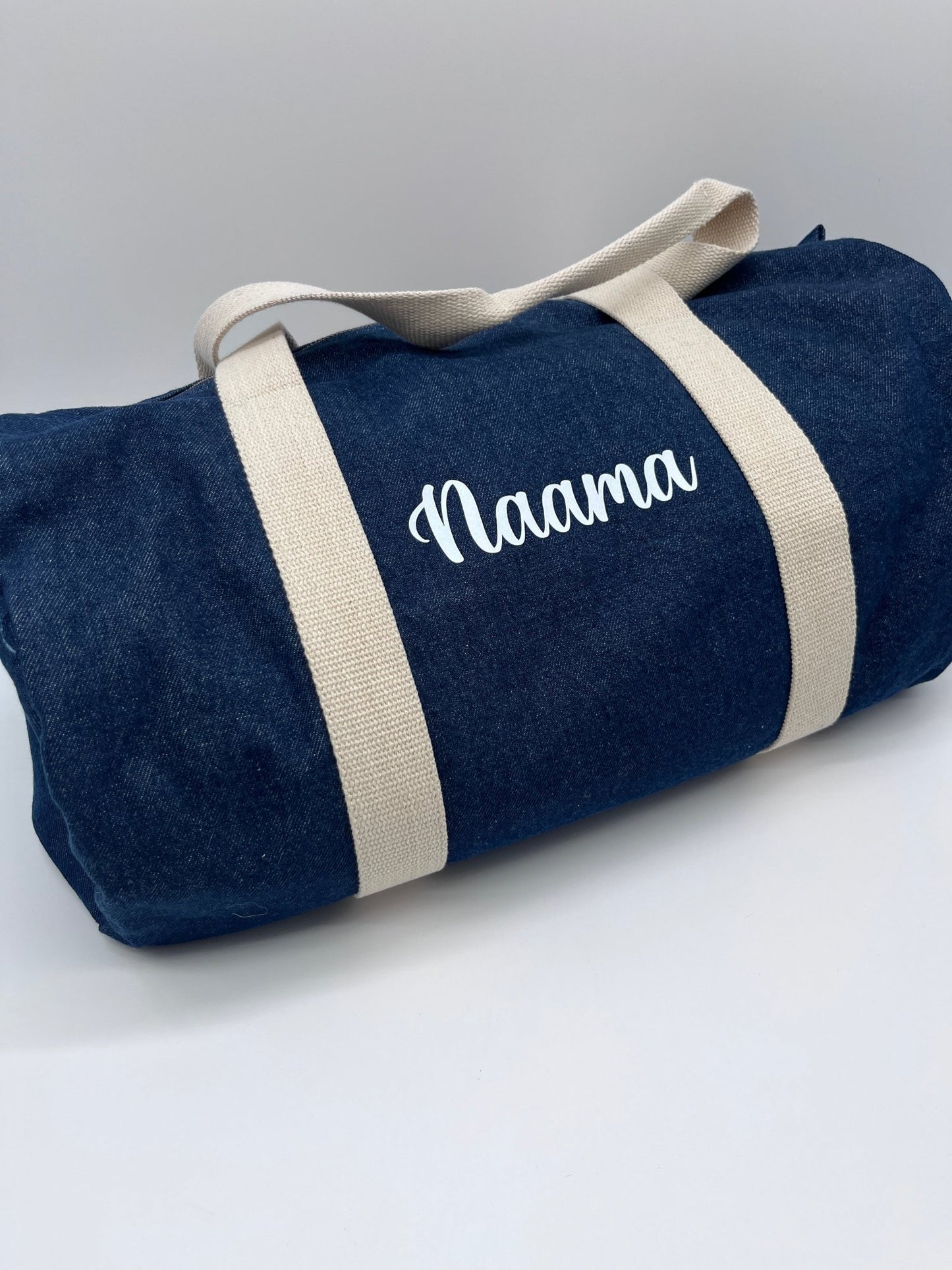 personalised denim barrel bag