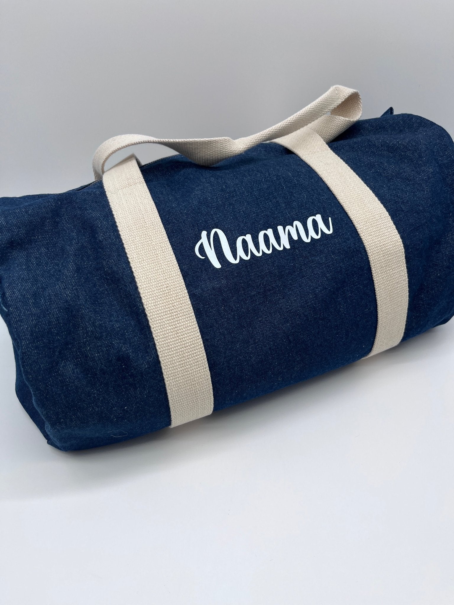 personalised denim barrel bag