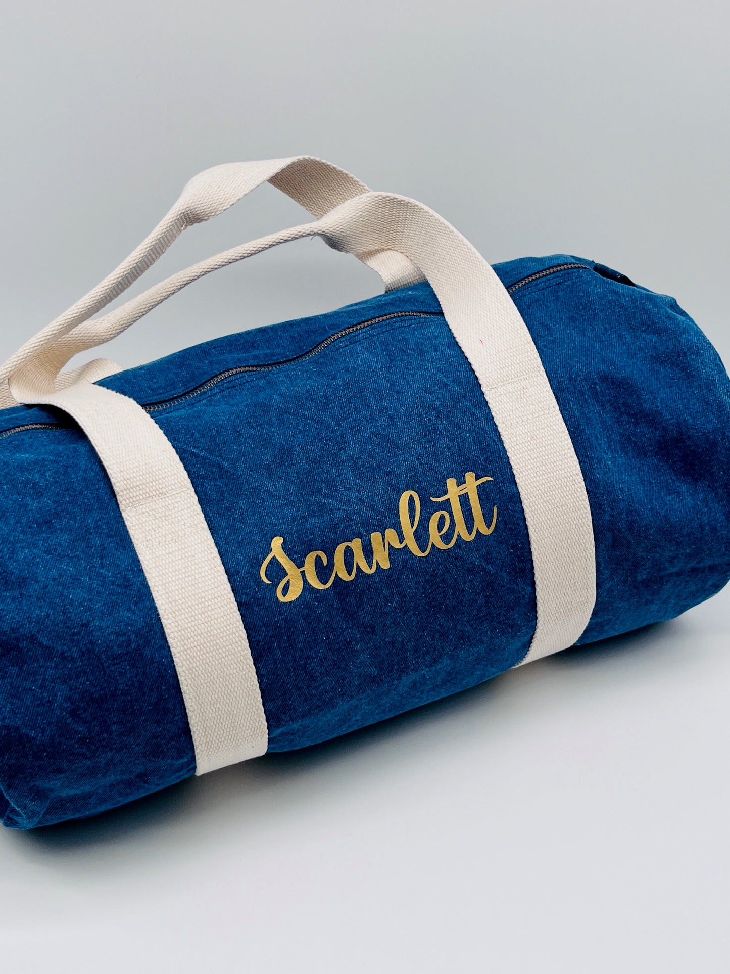 personalised denim barrel bag