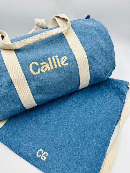 personalised denim barrel bag