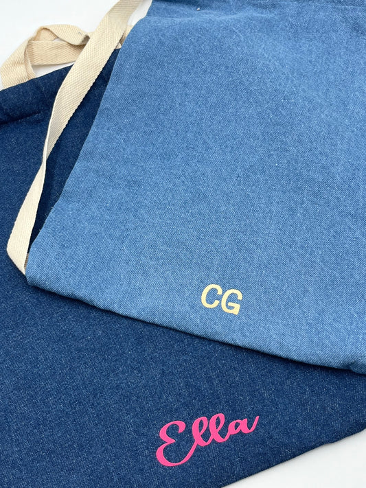 Personalised denim drawstring bag