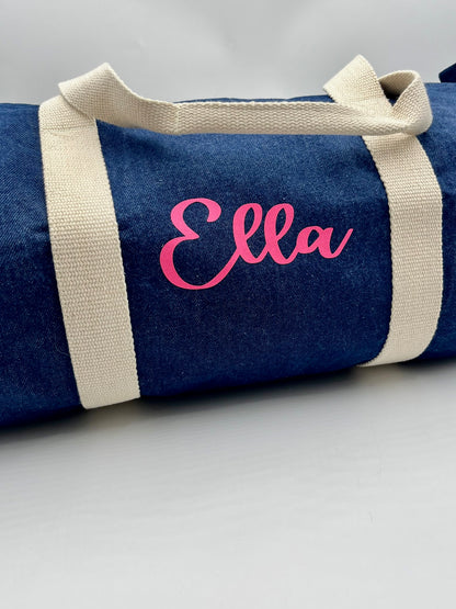 personalised denim barrel bag